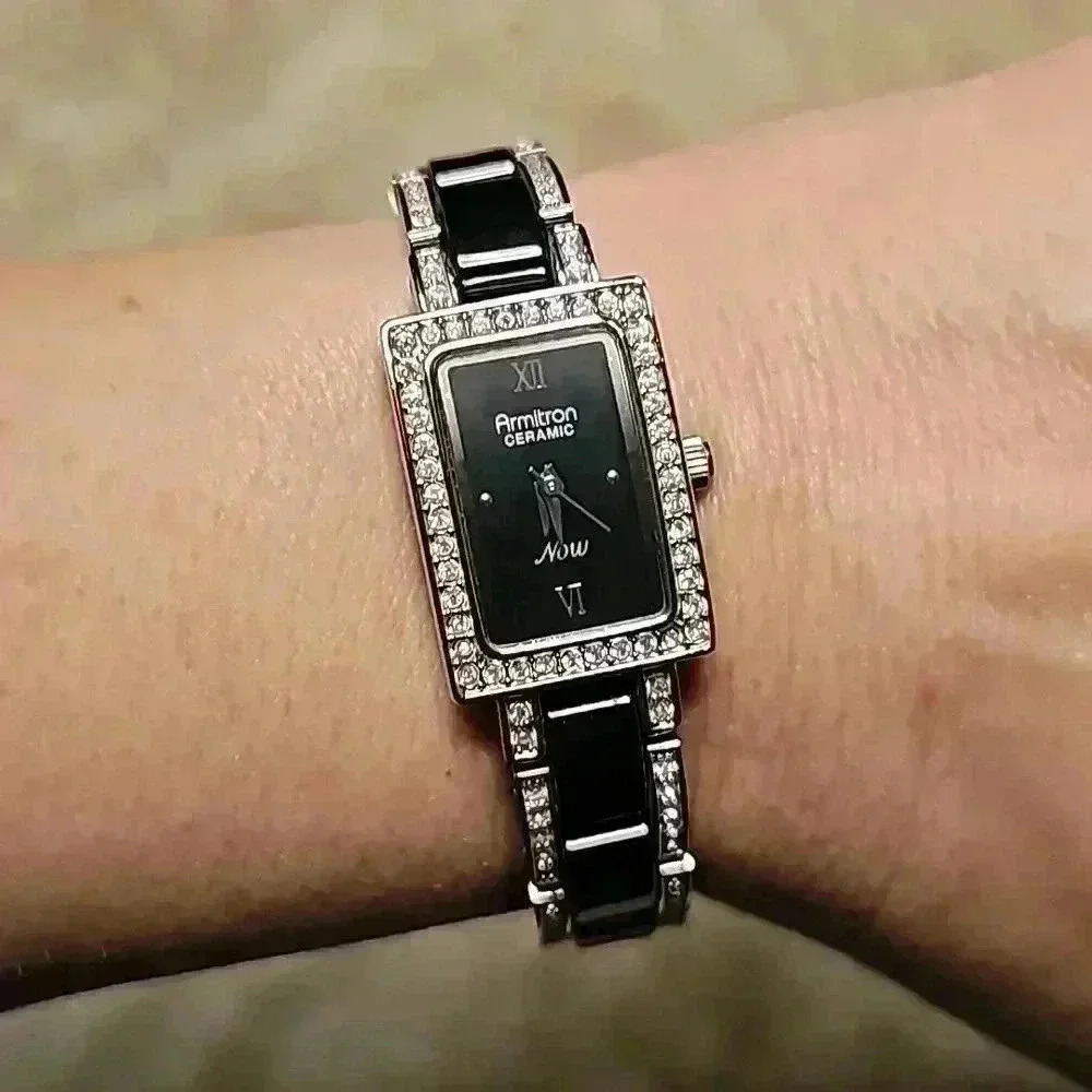 Armitron Now Black Ceramic Link and Silver Toned with White Gem Bracelet Watch